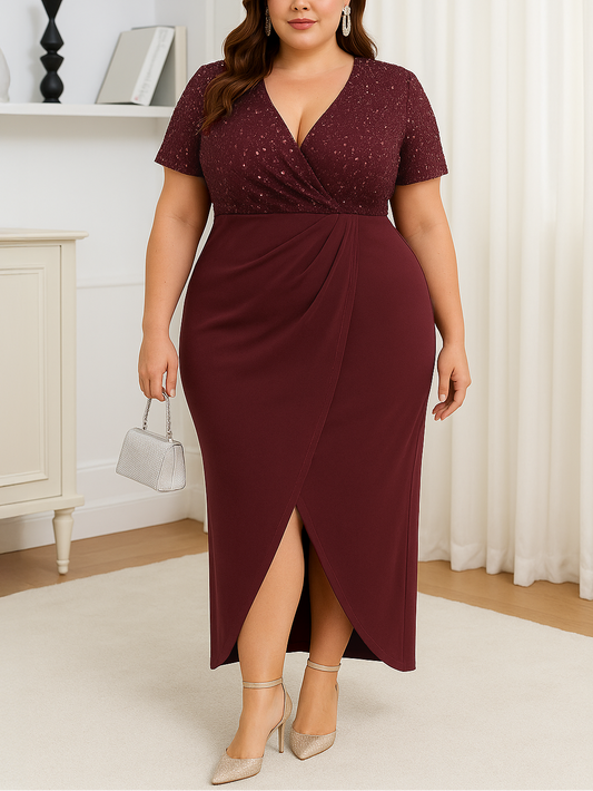 Woman wearing a burgundy dress with a white curtain and cabinet in the background