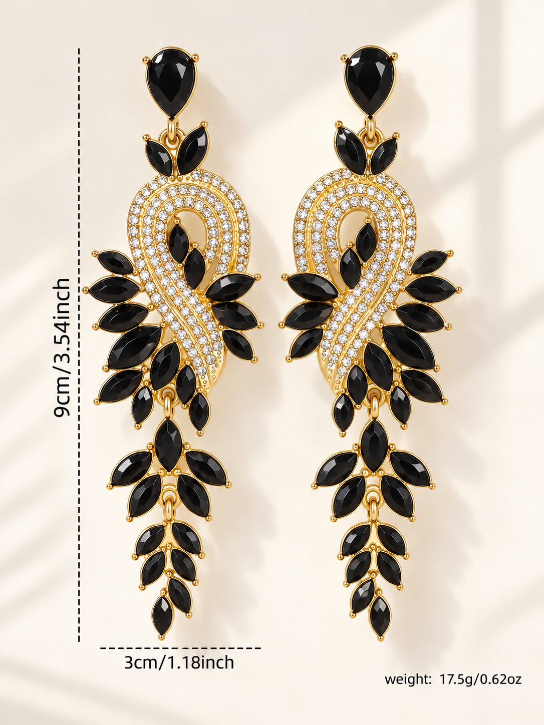 Crystal Leaf Earrings in Black and Green
