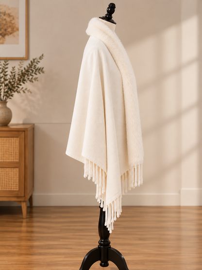 Scarf Shawl with Fur Trim in Ivory