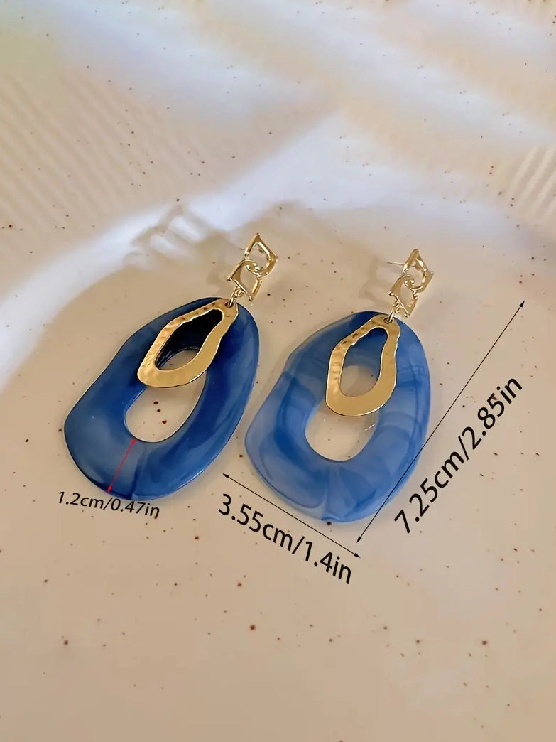 Blue Dangle Earrings with Gold Alloy Trim