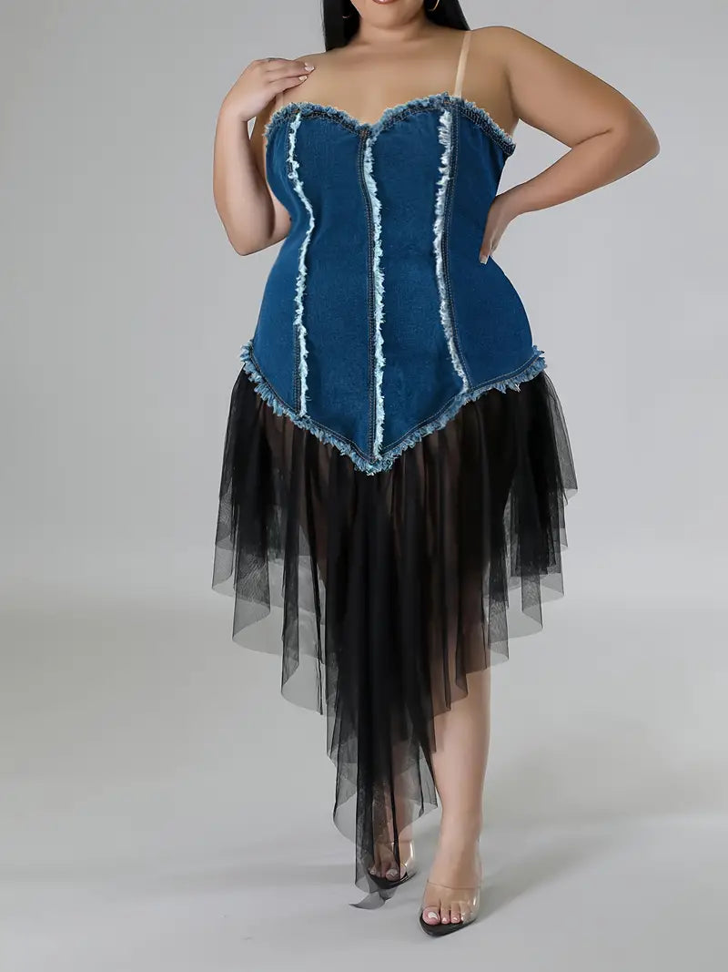 Oceane Denim and Tulle Plus Size Party Dress