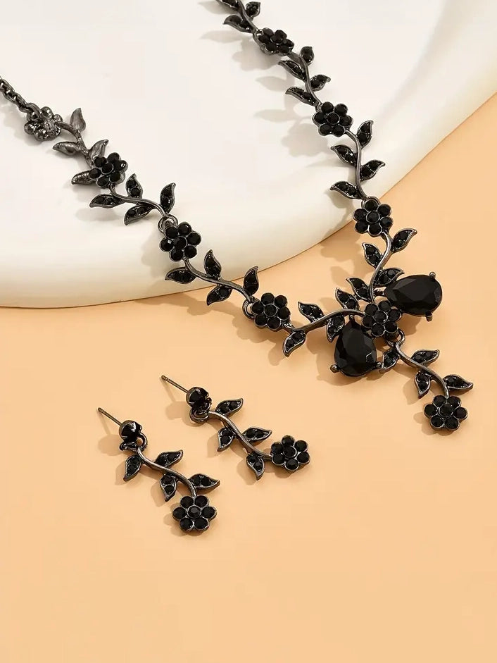 Black Floral Necklace & Earring Set