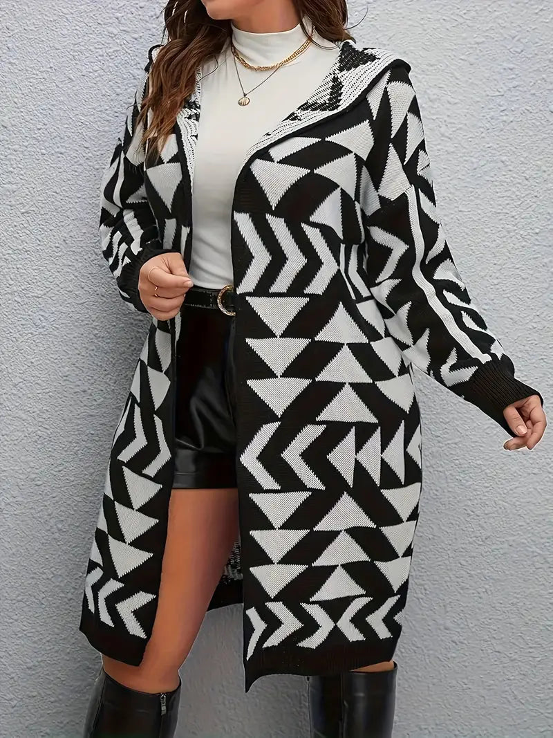 Shona Plus Size Geo Print Hooded Cardigan