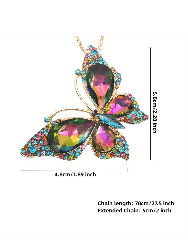 Sparkly Multicoloured Rhinestone Butterfly Pendant Long Necklace
