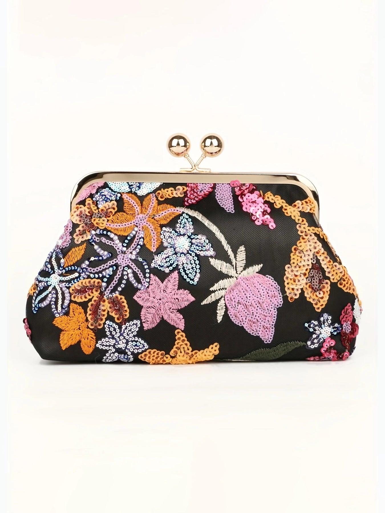 Sequin Embroidered Satin Clutch Black