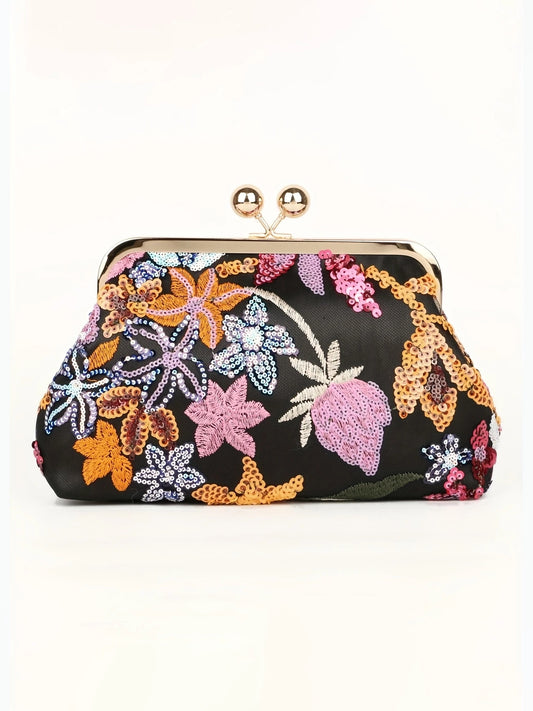 Sequin Embroidered Satin Clutch Black