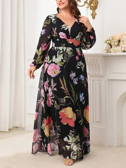 Woman wearing a floral dress in a elegant room setting