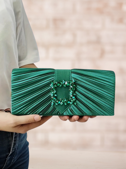 Pleated Satin & Rhinestone Evening Clutch in Green