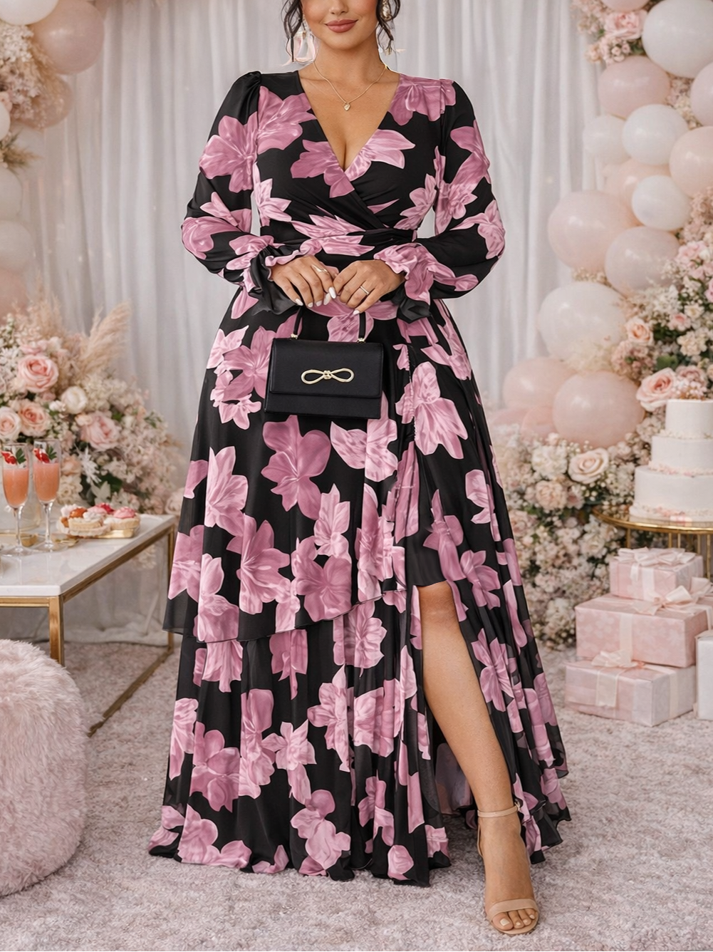 Woman in a black and pink floral dress standing in a decorated room with balloons and flowers.