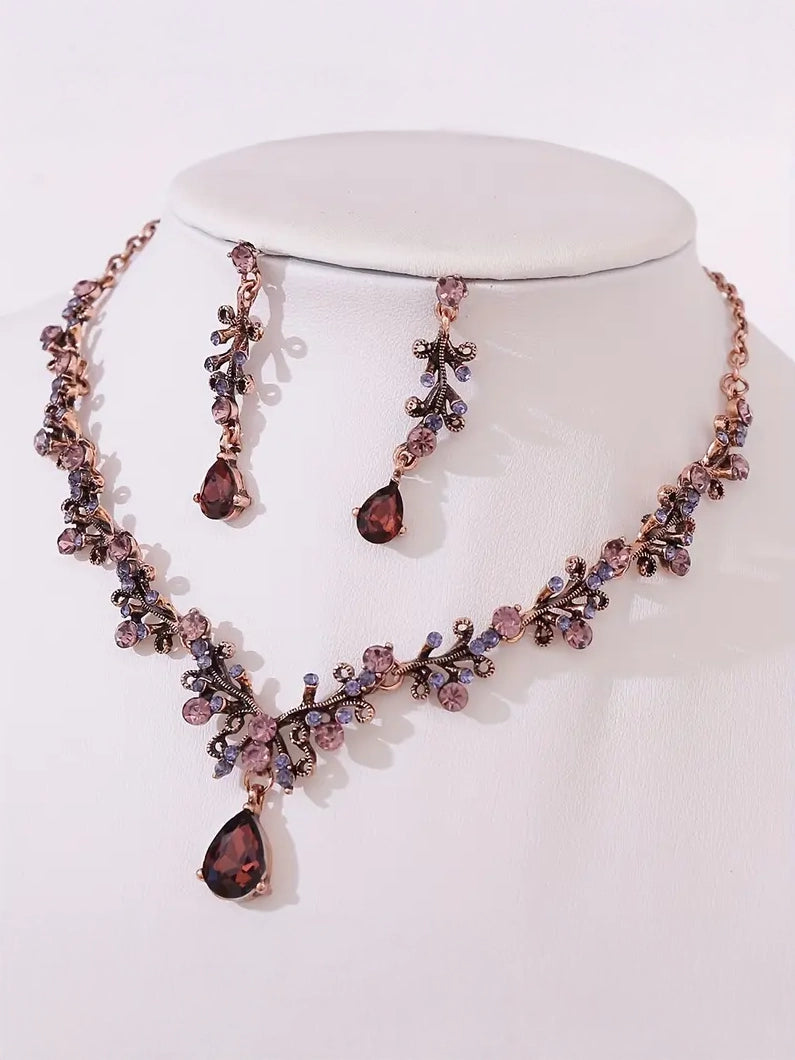 Antique Vintage Necklace Set in Burgundy, necklace, front view