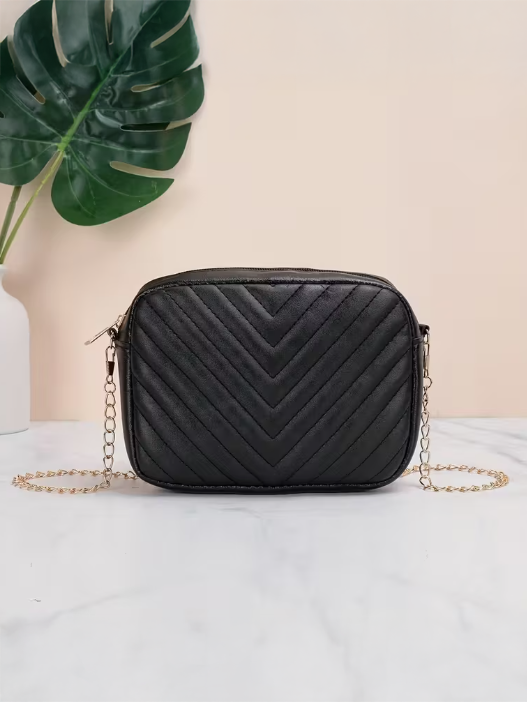 Black Chevron Quilted Crossbody Bag, bag, front view