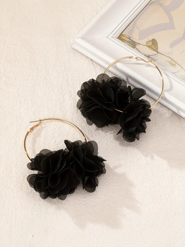 Black Flower Hoop Earrings, earrings, detail view
