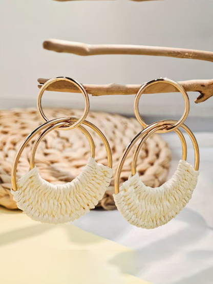 Boho Double Hoop Rattan Earrings, earrings, front view