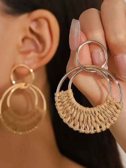 Boho Double Hoop Rattan Earrings, earrings, alternate view