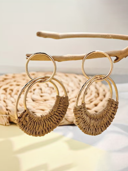 Boho Double Hoop Rattan Earrings, earrings, detail view