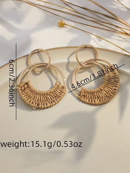 Boho Double Hoop Rattan Earrings, earrings, styled view