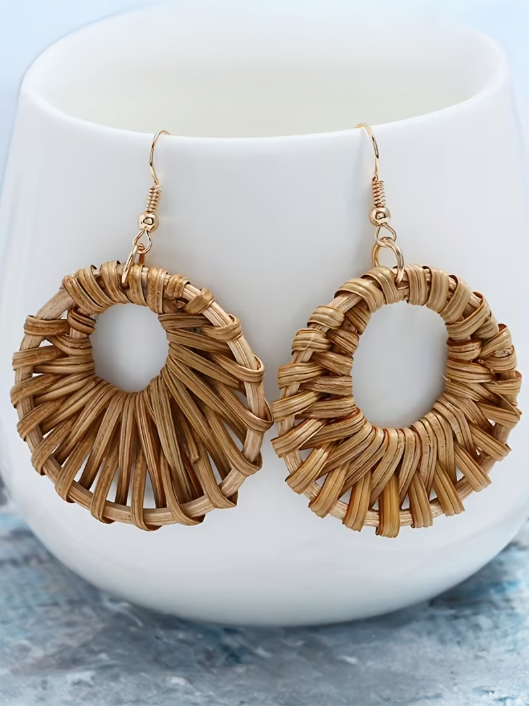 Boho Hoop Rattan Earrings, earrings, front view