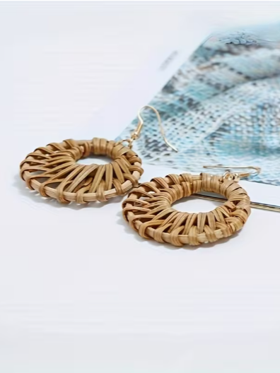 Boho Hoop Rattan Earrings, earrings, detail view