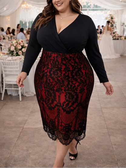 Woman wearing a black top and red lace skirt at an event with tables and chairs in the background.
