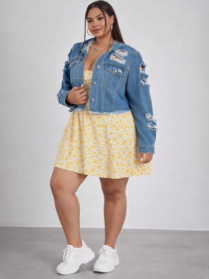 Distressed Hooded Plus Size Jean Jacket