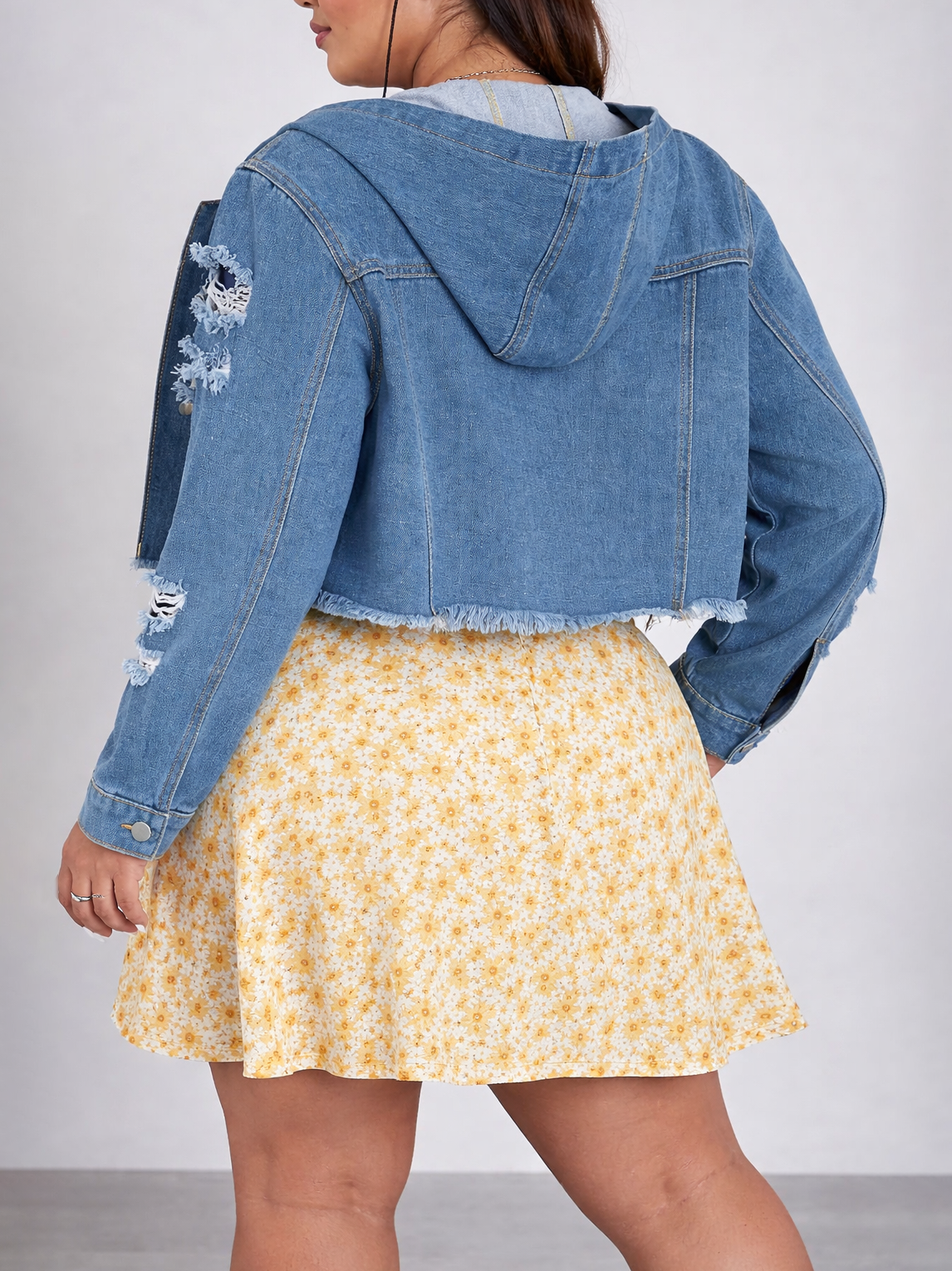 Distressed Hooded Plus Size Jean Jacket