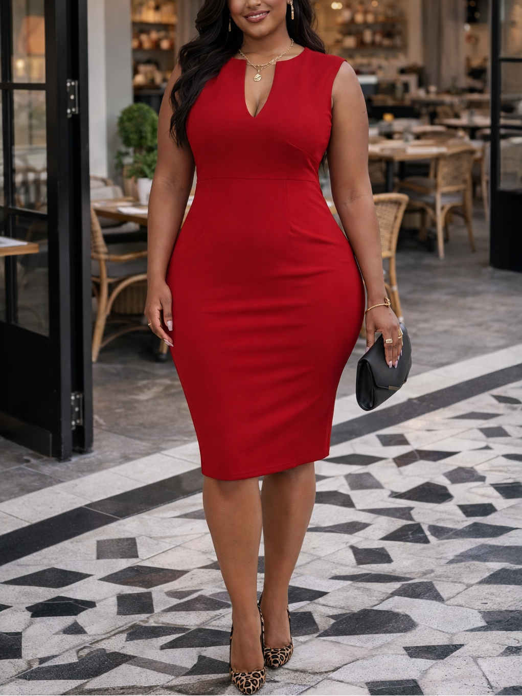 Woman in a red dress standing in an elegant indoor setting