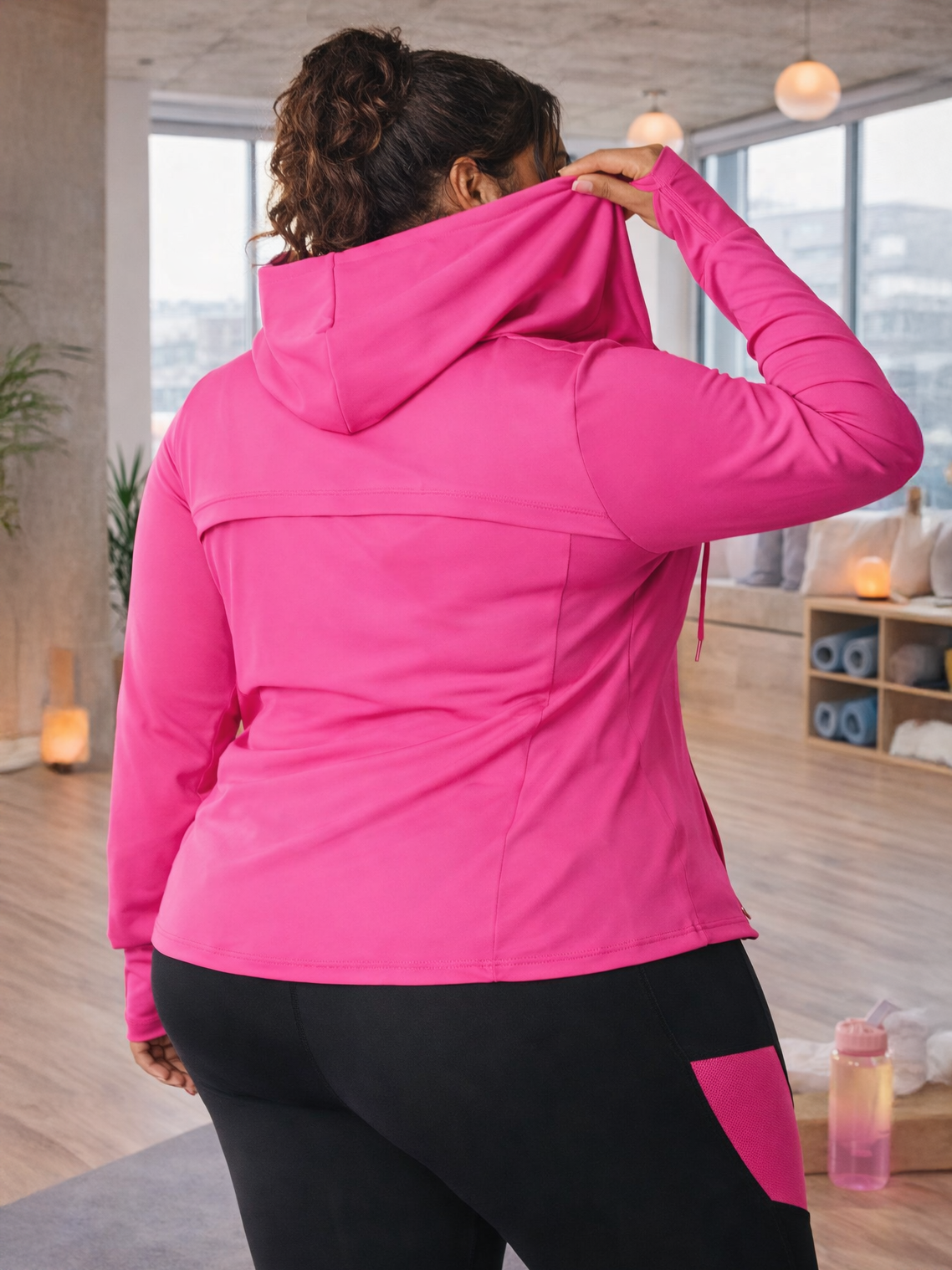 Person wearing a pink jacket in a modern indoor setting
