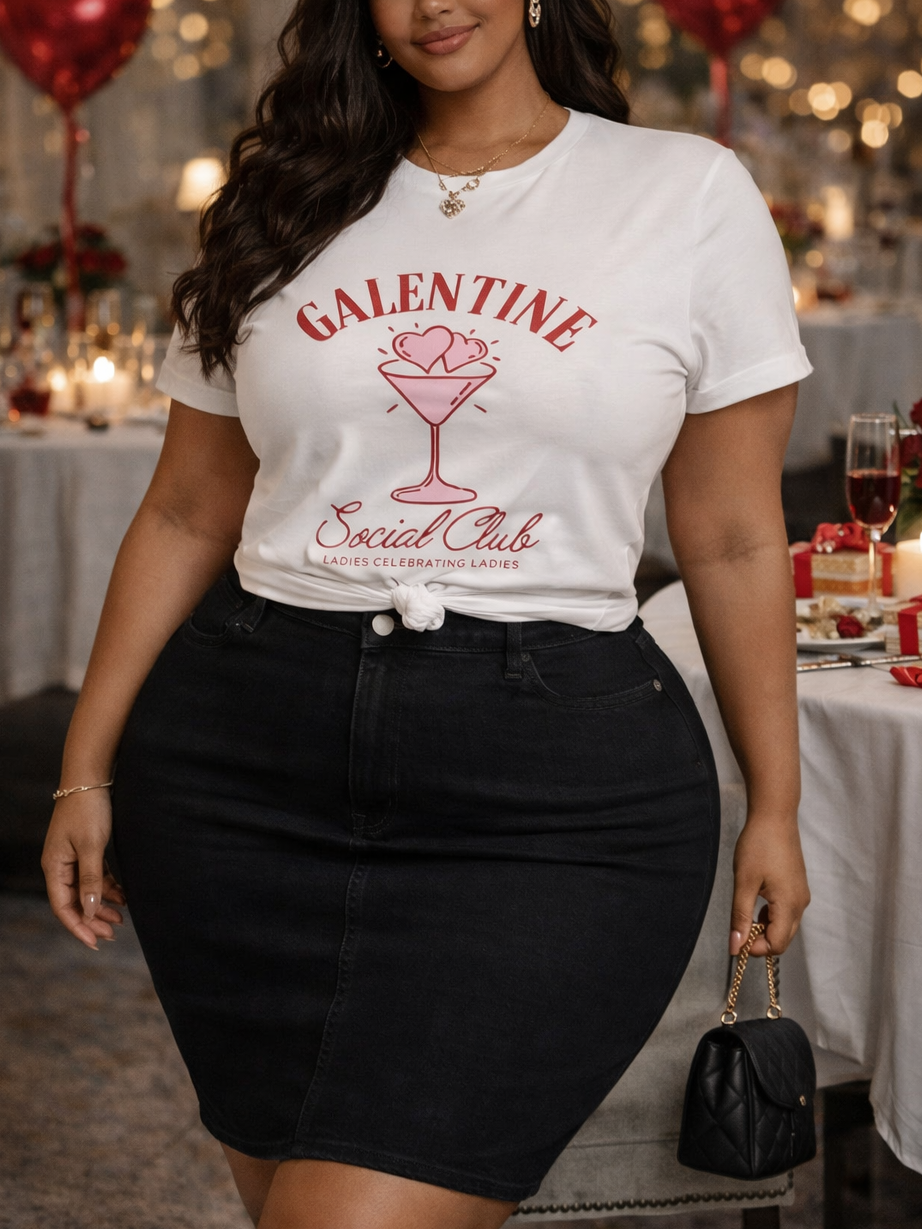 Woman wearing a 'Valentine Social Club' t-shirt at a festive indoor event.