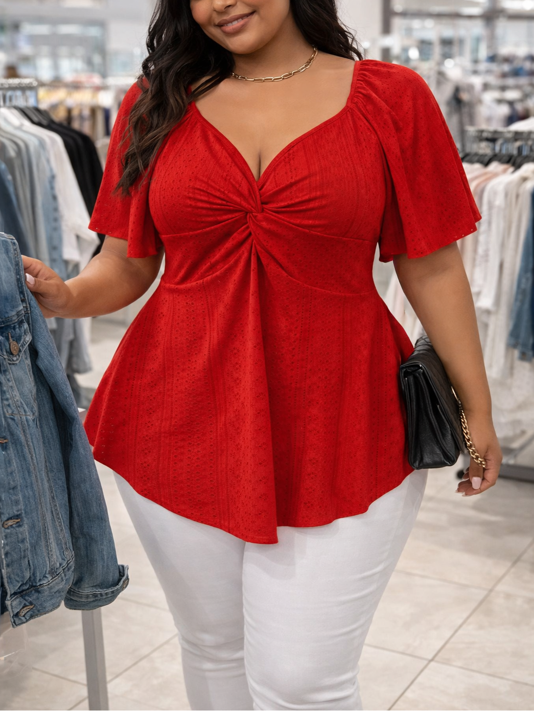 Woman wearing a red top and white pants in a store setting