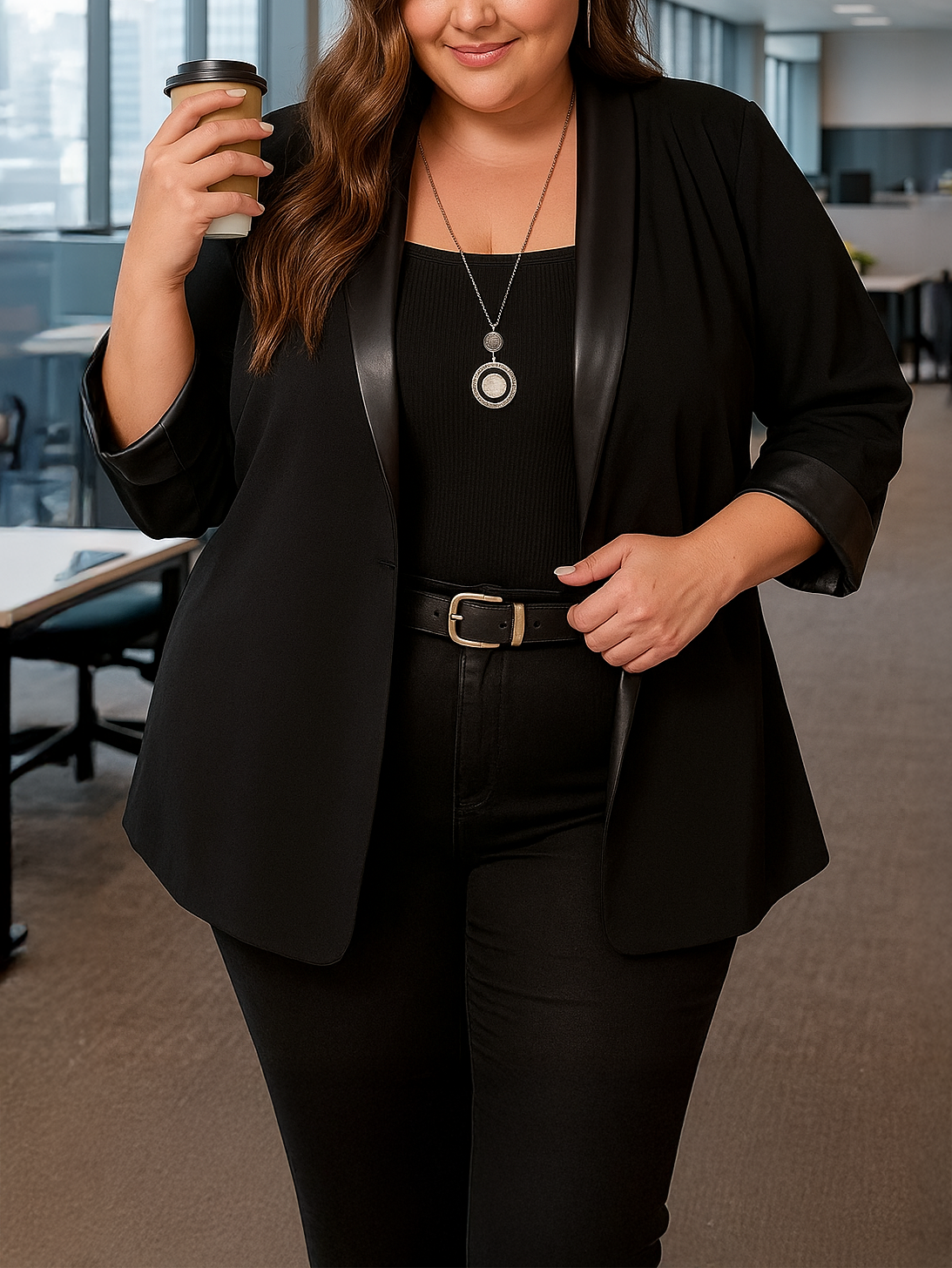 Woman in a black outfit holding a coffee cup in an office setting