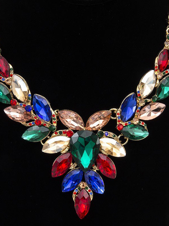 Faceted Crystal Gem Marquise Necklace Set in Multi