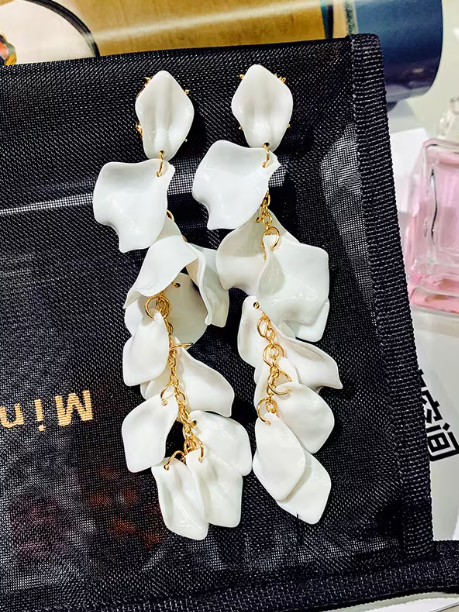 Exaggerated Long Petal Tassel Earrings in Ivory, earrings, front view