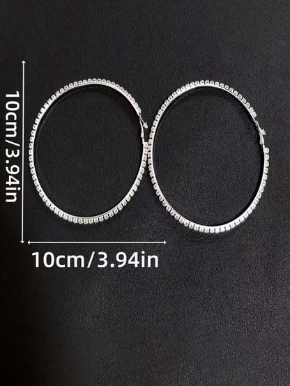 Exaggerated Rhinestone Silver Hoops, earrings, detail view