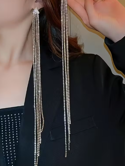 Exaggerated Long Rhinestone Tassel Earrings, earrings, detail view