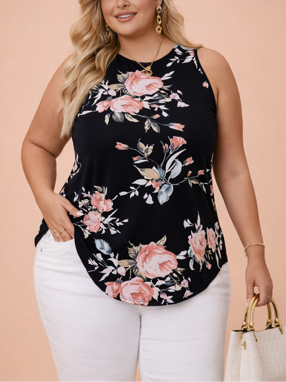 Woman wearing a black sleeveless top with floral patterns on a beige background