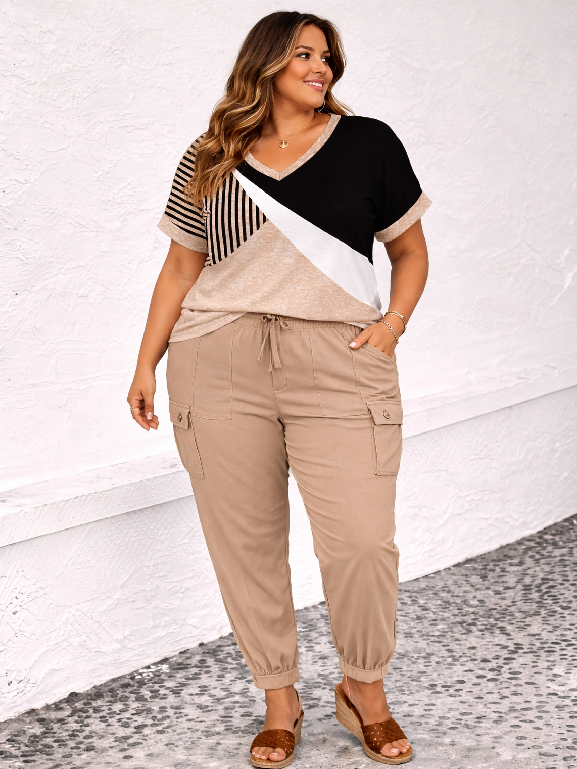 Geometric V-Neck Plus Size Top, plus size top, detail view