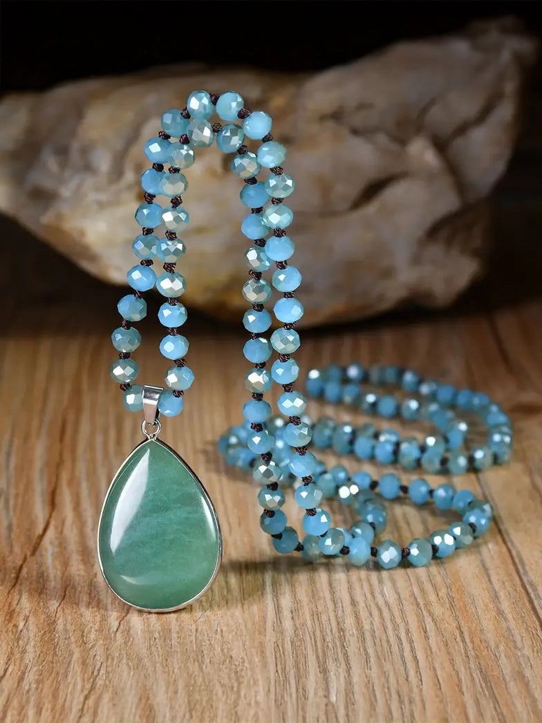 Handmade Beaded Long Pendant Necklace With Natural Stone, earrings, front view