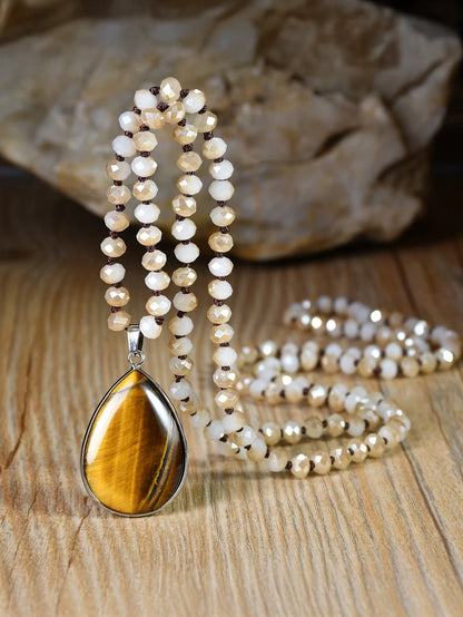 Handmade Beaded Long Pendant Necklace With Natural Stone, earrings, detail view