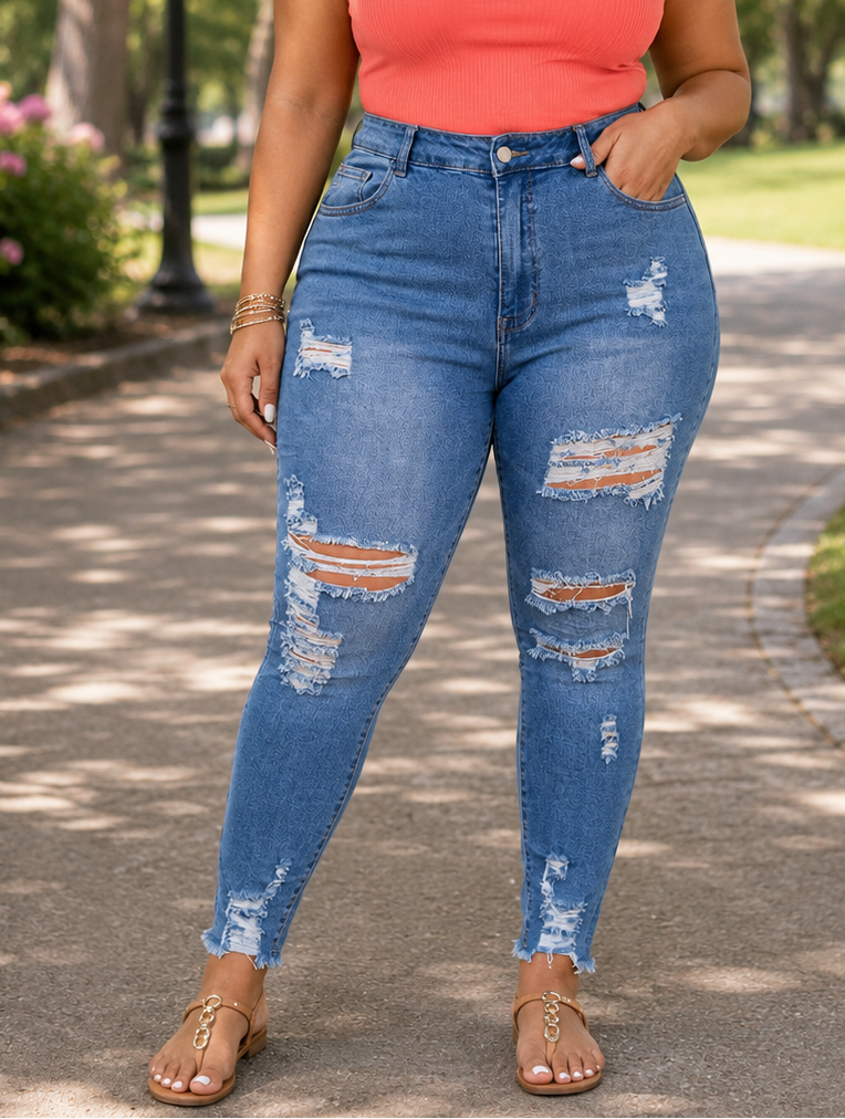 Hannah High Waisted Distressed Plus Size Jeans in Blue