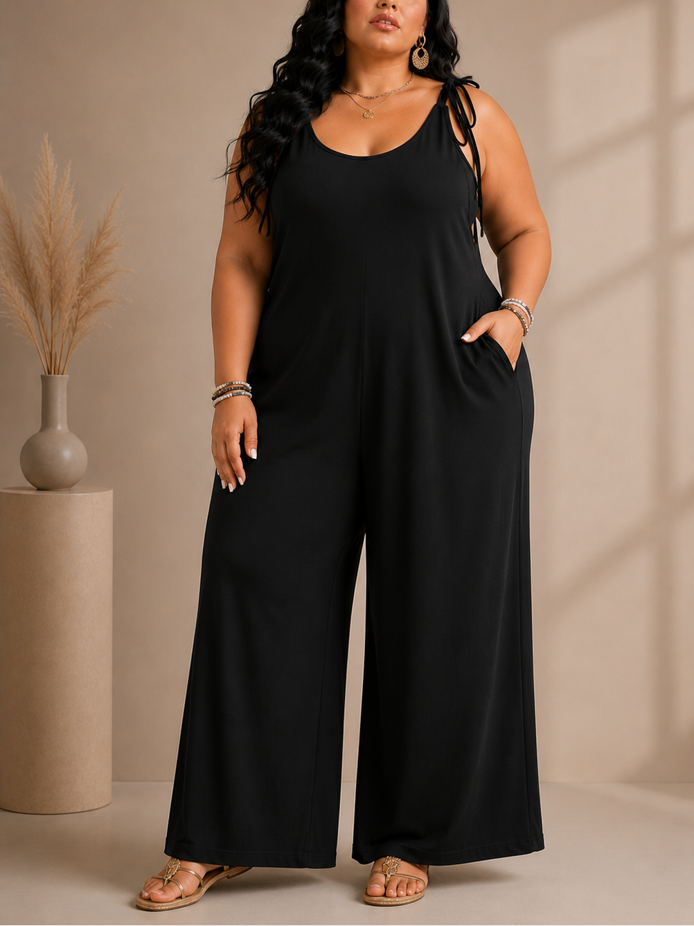Woman wearing a black jumpsuit standing against a beige wall.