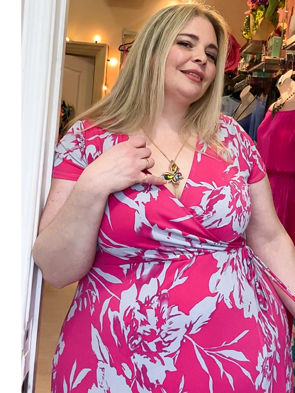 Bonnie Plus Size Faux Wrap Dress in Fuchsia and Grey