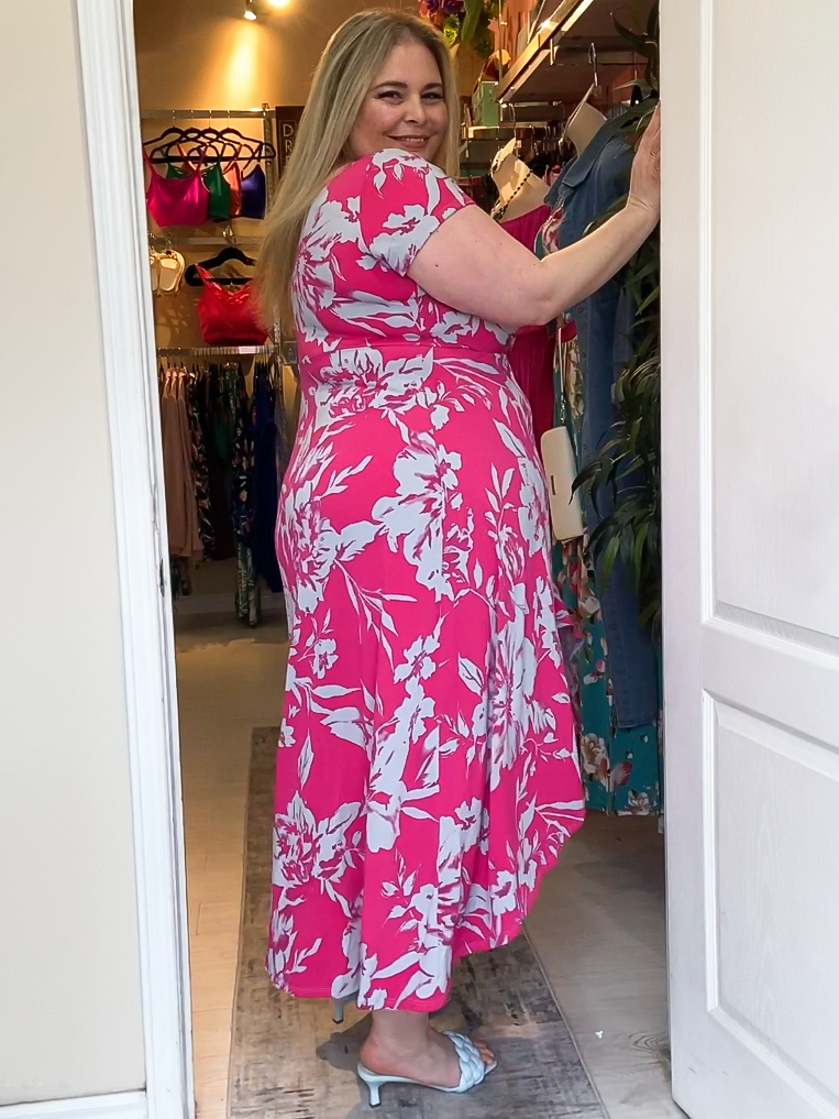 Bonnie Plus Size Faux Wrap Dress in Fuchsia and Grey