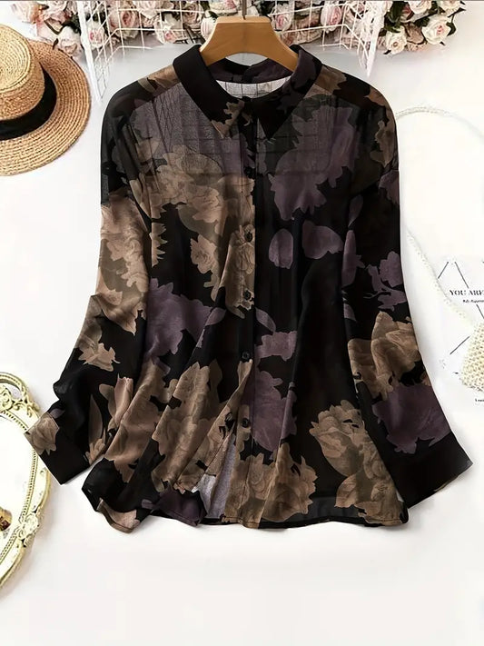 Indigo Printed Plus Size Sheer Shirt