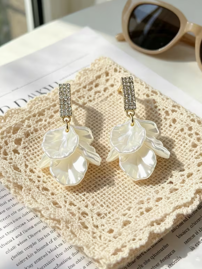 Ivory Petals & Rhinestone Earrings