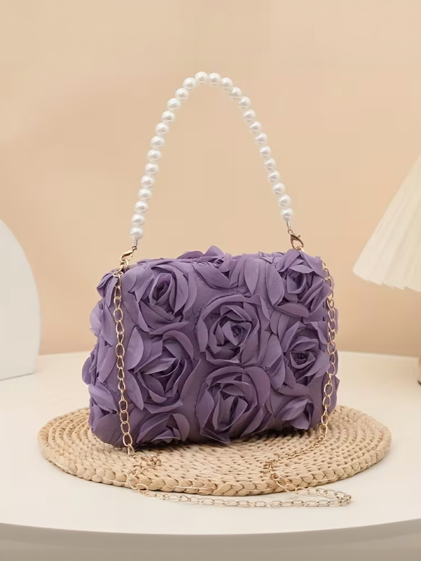 Lavender Rosette Pearl Bag, clutch, front view