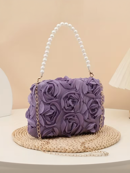 Lavender Rosette Pearl Bag, clutch, front view
