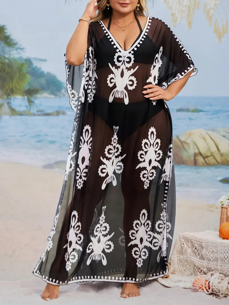 Layla Printed Sheer Plus Size Kaftan, plus size dress, front view