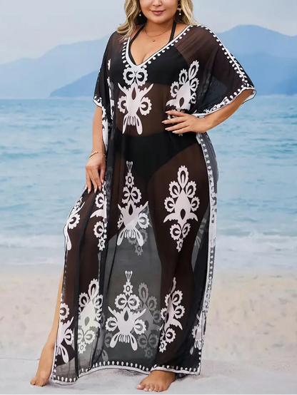 Layla Printed Sheer Plus Size Kaftan, plus size dress, detail view