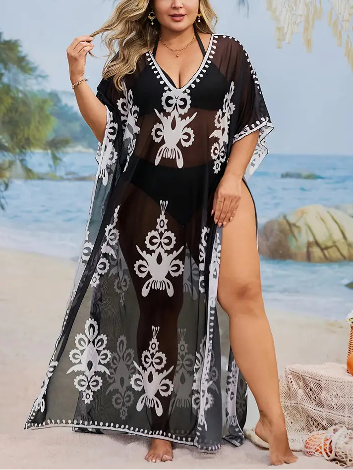 Layla Printed Sheer Plus Size Kaftan, plus size dress, styled view