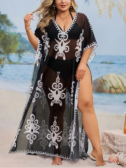 Layla Printed Sheer Plus Size Kaftan, plus size dress, styled view